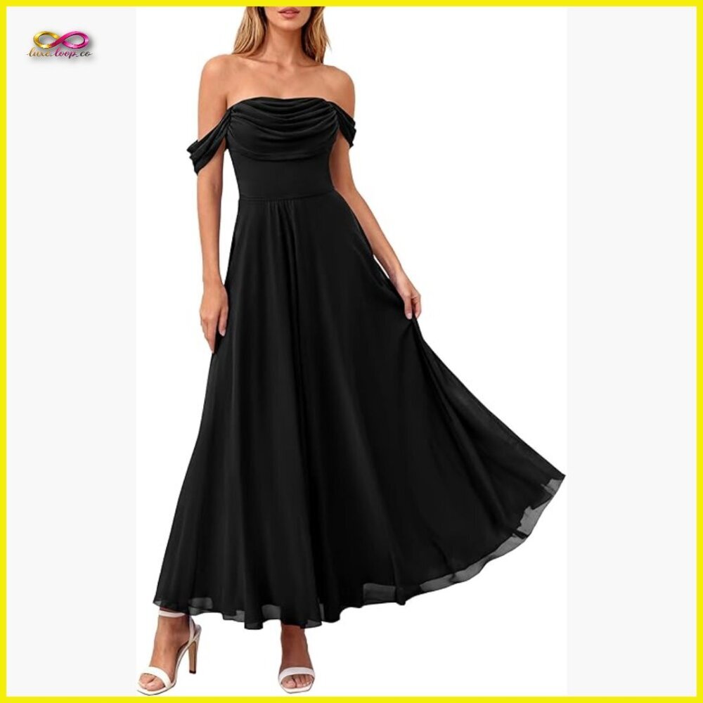 Elegant Off Shoulder Maxi Dress Mesh Aline Swing Ruched Flowy Cocktail Wear